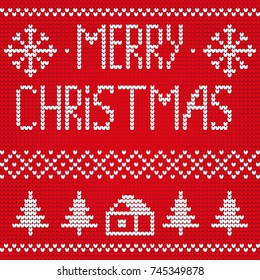 knitted background with inscription merry Christmas and snowflake pattern with Christmas trees and home