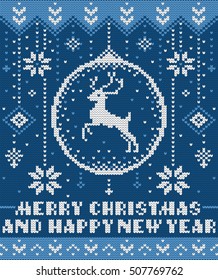 Knitted background with norwegian ornaments. Deer and snowflakes. Imitation Christmas-tree balls.  Blue and white colors.
