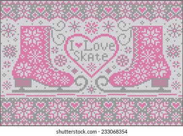 Knitted background with pink skates. Fashionable New Year and  Christmas ornament. Greeting card. Beautiful knitted pattern. Creative vector illustration.
