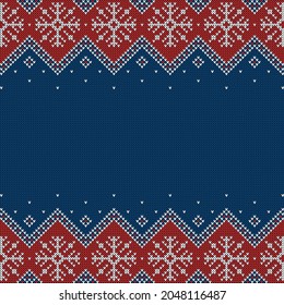 Knitted background with snowflakes and copyspace. Blue, red and white pattern for Christmas, New Year or winter design. Sweater  border ornaments and place for text. Vector illustration.
