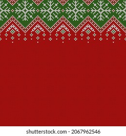 Knitted background with snowflakes and copyspace. Horizontally seamless pattern for Christmas or New Year design. Sweater border ornament and place for text. Vector illustration.