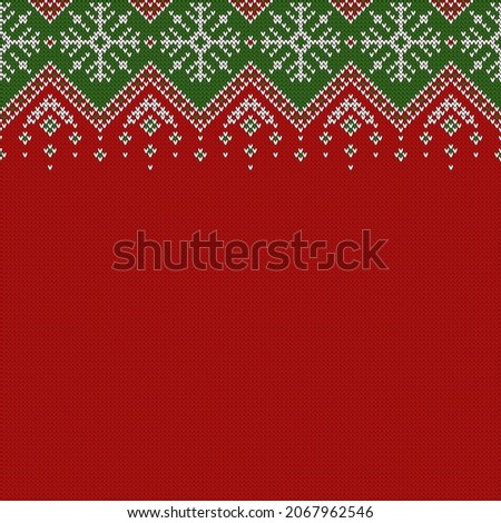 Knitted background with snowflakes and copyspace. Horizontally seamless pattern for Christmas or New Year design. Sweater border ornament and place for text. Vector illustration.