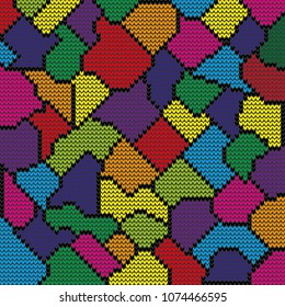 Knitted background, texture in the form of a mosaic, squares, yellow, blue, green, red, orange, lilac.