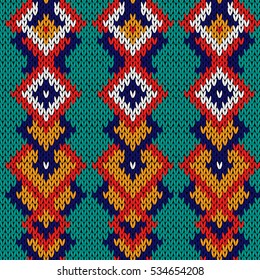 Knitted background in turquoise, blue, red, orange and white colors, seamless knitting vector pattern as a fabric texture