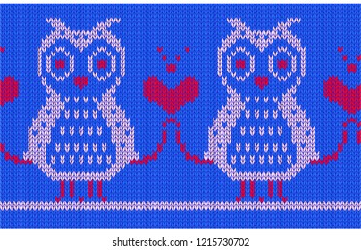 Knitted background. Two pink owls and a unifying heart on a blue background