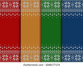 Knitted backgrounds with copyspace. Sweater patterns for Christmas, New Year or winter design. Scandinavian border ornament and place for text. 4 color options - red, blue, green, yellow. Vector set.