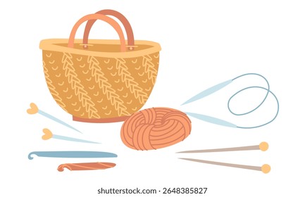 saco de malha próximo ao fio, agulhas de tricô retas, agulhas de tricô circulares, ganchos. ilustração de cor plana. Adequado para infográficos, modelos, design de embalagens, lojas on-line e workshops.