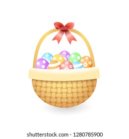 Knitted basket with colorful easter eggs - isolated on white vector illustration