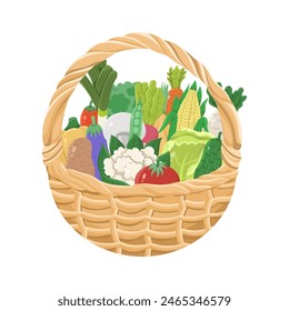A knitted basket containing many different vegetables on a white background. Vector illustration