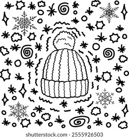 Knitted beanie flat and outline illustration with doodle and snowflakes. Snow winter hat logo with line art. Clothes for cold winter season. Warm fashion accessory vector silhouette drawing detail.