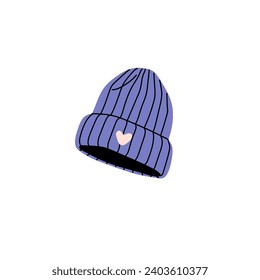 Knitted beanie hat. Stylish wool headwear with cute print. Fashionable warm headdress. Cozy round headgear. Modern winter head accessory, clothes. Flat isolated vector illustration on white background