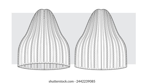 Gorro de punto con trenzas finas boceto técnico. Ilustración vectorial.