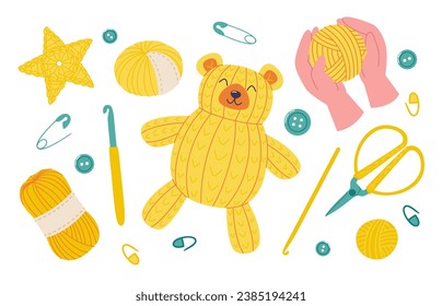 Knitted bear toy surrounded by crocheting hobby accessories. Flat style illustration of tools for handmade