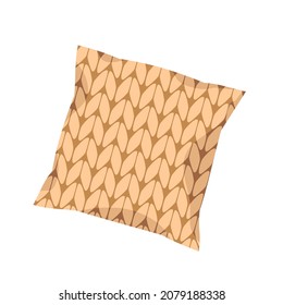 Knitted beige pillow. Vector clipart.