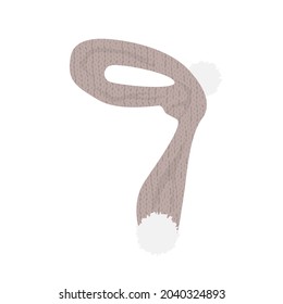 Knitted beige thin scarf with pom-poms on a white background