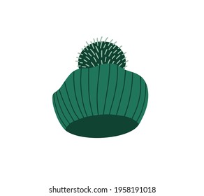 Knitted beret with a pom pom. Hand-drawn vector illustration in a flat cartoon style. Winter and autumn accessory