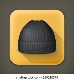 Knitted black cap, long shadow vector icon