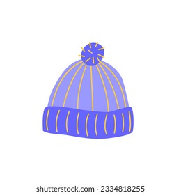 Knitted blue cap hat. Winter or autumn headwear. Hand drawn colored Vector illustration. Cartoon style. Design templates. All elements are isolated