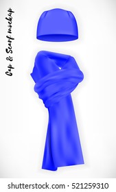 Knitted blue cap and scarf, vector mockup set