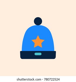 Knitted blue cap with star, winter hat icon. Flat design vector illustration EPS10