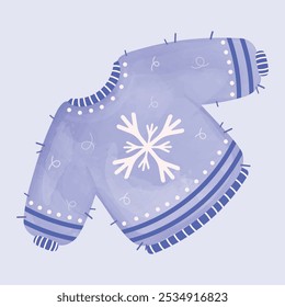 Suéter mullido acogedor azul de punto con copo de nieve blanco sobre fondo azul claro. Icono de suéter de invierno. Ropa de invierno. Diseño de acuarela. Ilustración dibujada a mano. Ilustración vectorial.