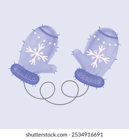 Knitted blue cozy mittens with white snowflakes on light blue background. Winter mittens icon. Winter clothes. Watercolor design. Hand-drawn illustration. Vector illustration.