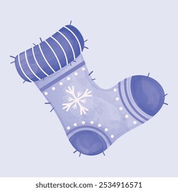 Knitted blue cozy sock with white snowflake on light blue background. Winter sock icon. Winter clothes. Watercolor design. Hand-drawn illustration. Vector illustration.