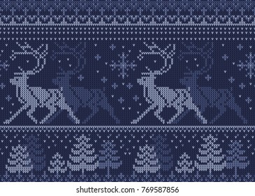 Knitted blue seamless  christmas pattern with deer, xmas tree and snowflakes on dark-blue background
