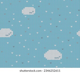 Knitted blue sky with clouds, seamless texture with pattern.