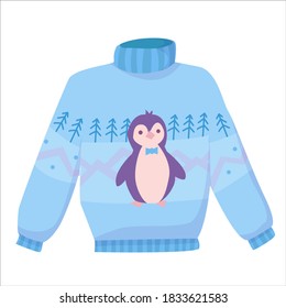 Knitted blue sweater with a penguin, warm winter clothes drawn in cartoon style, knitted clothes, pullover with a penguin vector illustration isolated on a white background