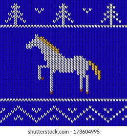 Knitted blue vector background with white horse