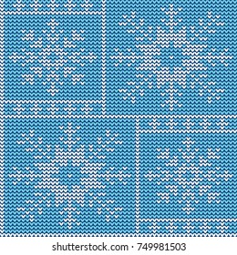 Knitted blue and white background with an abstract pattern. Snowflakes. New Year's background. For decoration, design, postcards, paper, wallpaper.