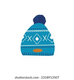 Sombrero de invierno azul de punto con bubo. Ropa de invierno. Ilustración vectorial plana.	