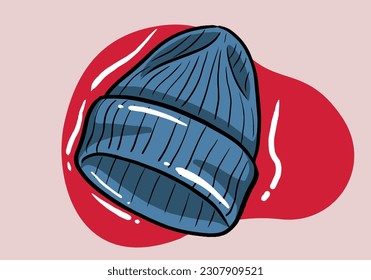 Knitted blue winter hat. Winter clothes. Flat vector illustration.