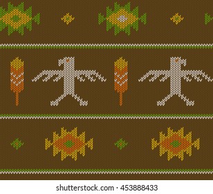 Knitted boho vector pattern; knited seamless pattern with aztec arrows, eagles and feathers