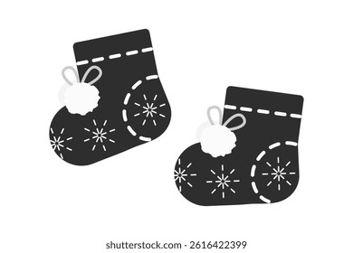 Knitted Booties with buboes and snowflakes pattern in grayscale Sticker Icon Logo Cards element idea
