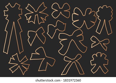 Knitted bows silhouettes, universal decoration bronze line- art