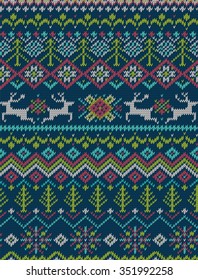 Knitted bright seamless winter holiday pattern with stylized nordic sweater ornament. Clothing design. Vector illustration.