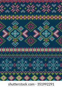 Knitted bright seamless winter holiday pattern with stylized nordic sweater ornament. Clothing design. Vector illustration.
