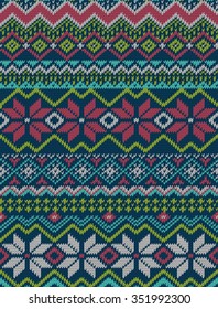 Knitted bright seamless winter holiday pattern with stylized nordic sweater ornament. Clothing design. Vector illustration.