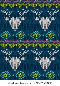 Knitted bright seamless winter holiday pattern with stylized nordic sweater ornament. Clothing design. Vector illustration.