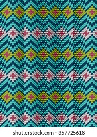 Knitted bright seamless winter holiday pattern with stylized nordic sweater ornament. Clothing design. Vector illustration.