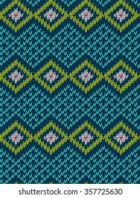 Knitted bright seamless winter holiday pattern with stylized nordic sweater ornament. Clothing design. Vector illustration.