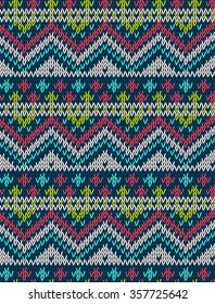 Knitted bright seamless winter holiday pattern with stylized nordic sweater ornament. Clothing design. Vector illustration.