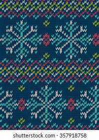 Knitted bright seamless winter holiday pattern with stylized nordic sweater ornament. Clothing design. Vector illustration.