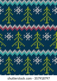 Knitted bright seamless winter holiday pattern with stylized nordic sweater ornament. Clothing design. Vector illustration.