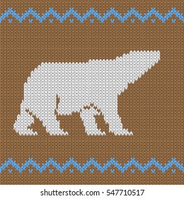 Knitted brown seamless pattern with polar bear. Fashionable northern ornament. All elements separate and editable. Vector background