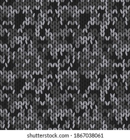 Knitted camouflage seamless pattern. Woolen black knitted texture. Vector background