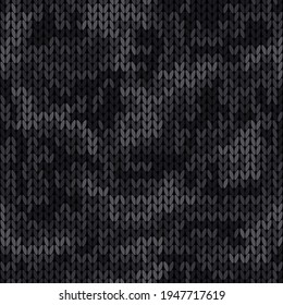 Knitted camouflage seamless pattern. Woolen black knitted texture. Vector camo background