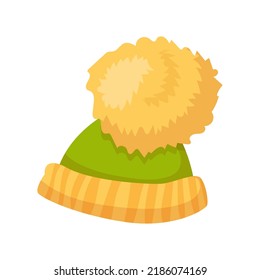 Knitted cap of green color with a large pompon. winter clothes Vector illustration isolated on white background.